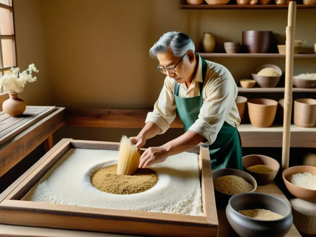 Un artesano sumerge un marco de madera en pulpa en una taller de papel tradicional