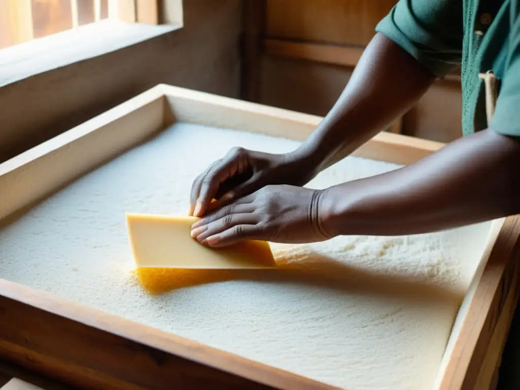 Un artesano sumerge un marco de madera en pulpa de papel, comenzando el proceso de fabricación papel artesanal, con una luz suave resaltando detalles