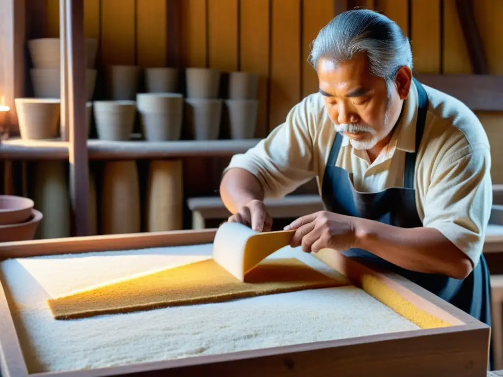 Artesano sumerge marco de madera en pulpa en taller de papel artesanal, exudando herencia y preservación cultural