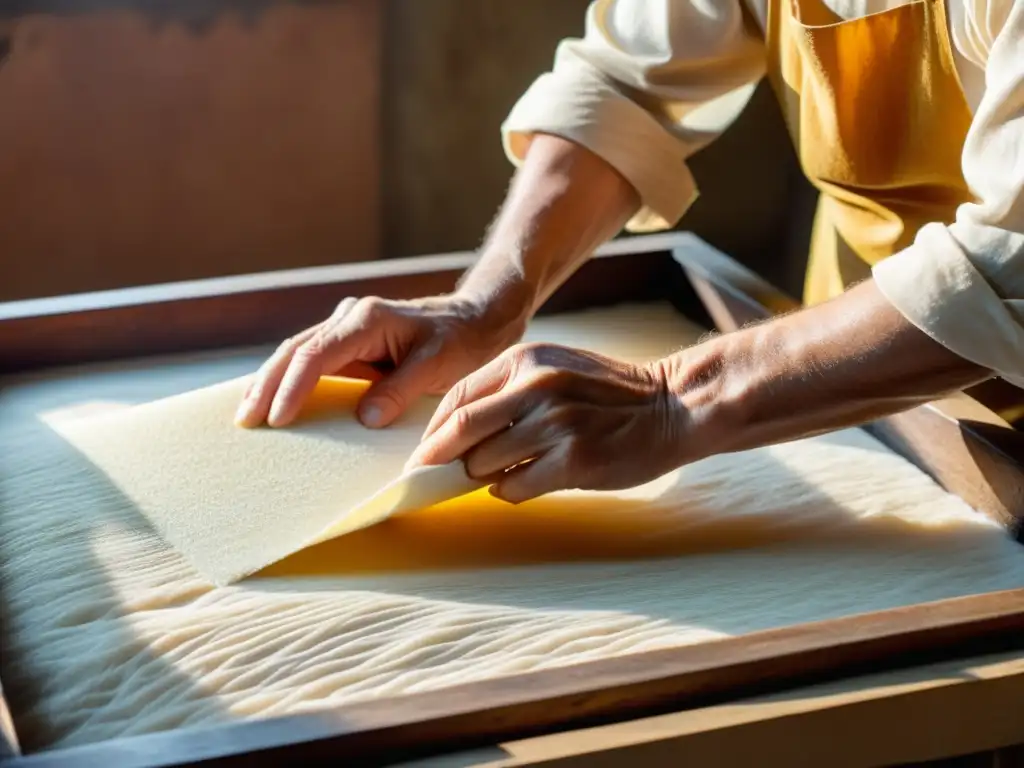 Un artesano sumerge delicadamente un marco en pulpa, creando papel artesanal con técnicas tradicionales