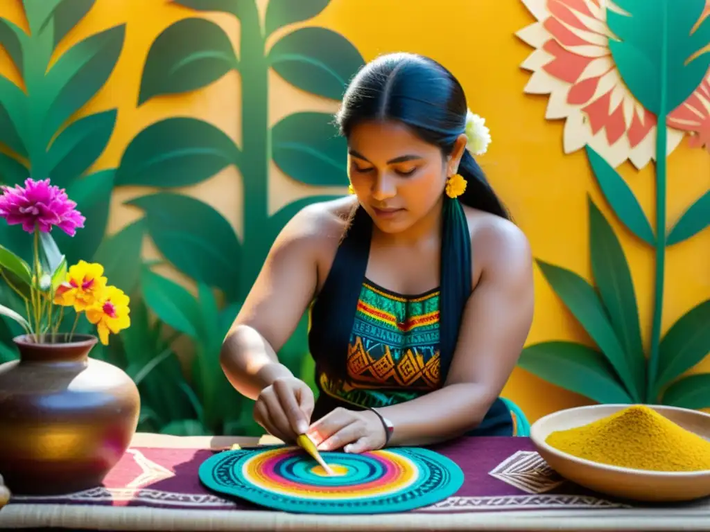 Artesano maya creando papel amate vibrante con pigmentos naturales Un artesano maya crea diseños intrincados en papel amate, rodeado de exuberante vegetación y flores vibrantes