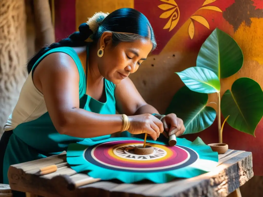 Un artesano maya crea papel amate a mano, rodeado de colores vibrantes y símbolos intrincados, capturando la esencia del papel amate en rituales mayas