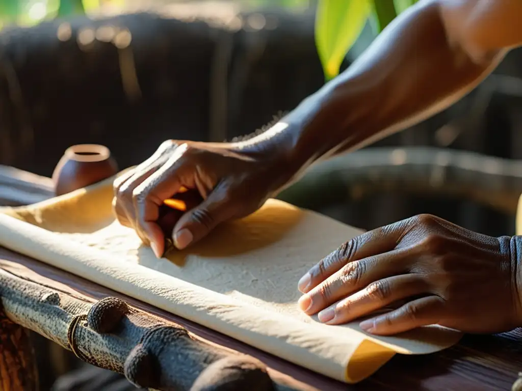 Artesano maya elaborando papel amate con métodos tradicionales, inmerso en la naturaleza exuberante