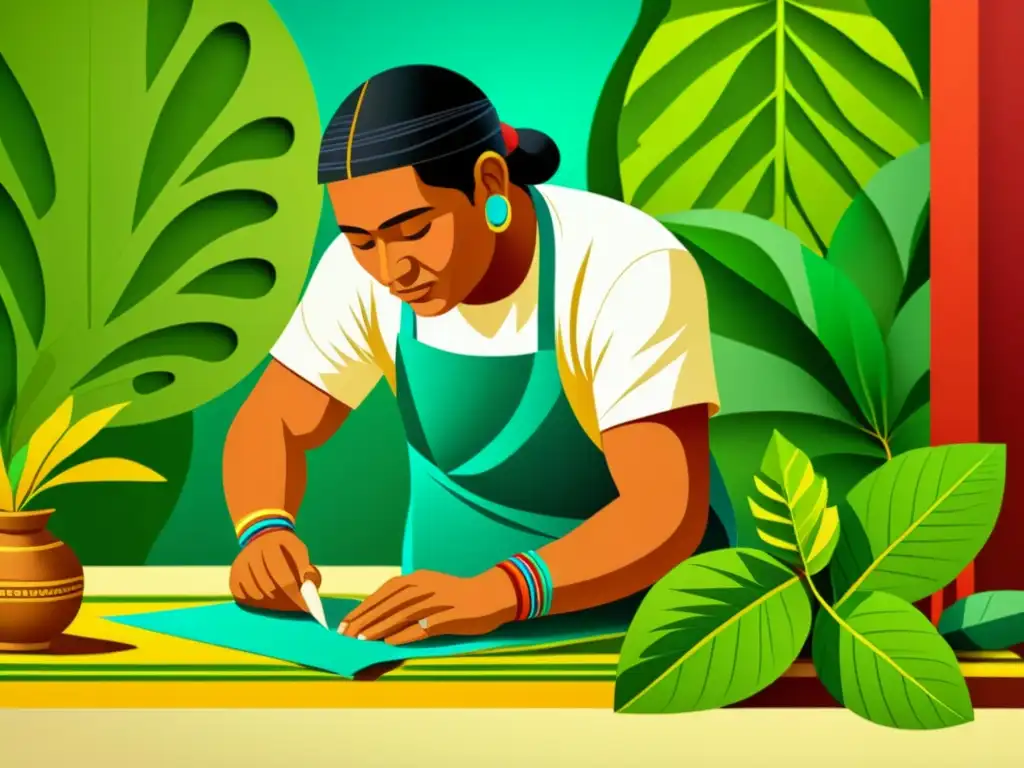 Artesano maya elaborando papel precolombino con técnicas tradicionales en medio de exuberante vegetación y arquitectura antigua