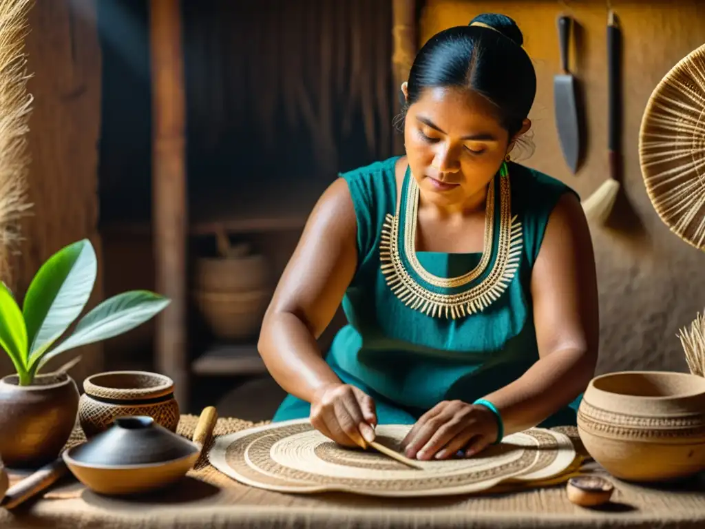 Un artesano maya crea papel amate en un taller rústico iluminado por velas, mostrando los roles rituales y la comunicación simbólica