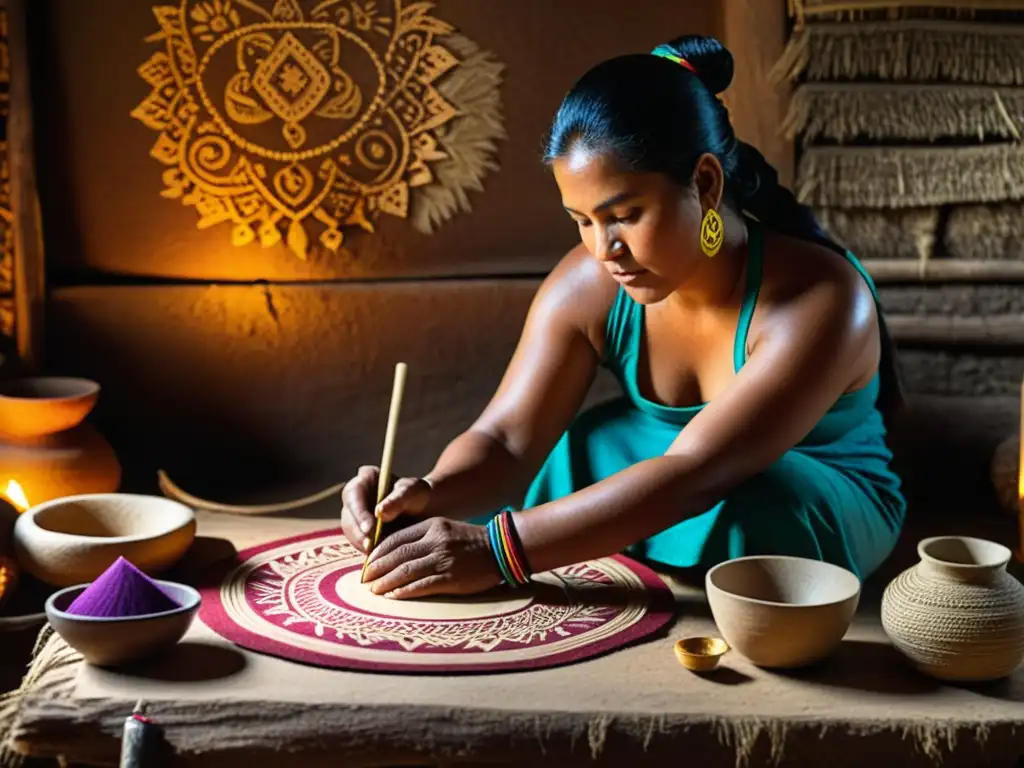 Un artesano maya crea papel amate con técnicas tradicionales en un taller rústico, rodeado de herramientas antiguas y materiales naturales