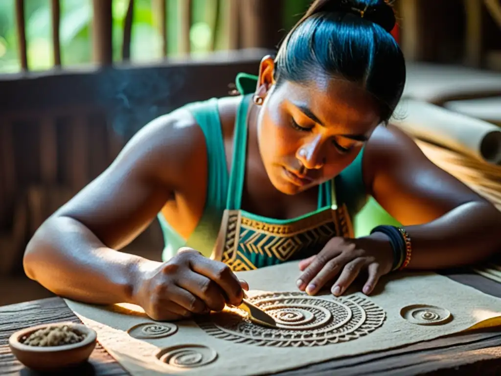 Artesano maya elaborando papel con técnicas precolombinas, rodeado de materiales naturales