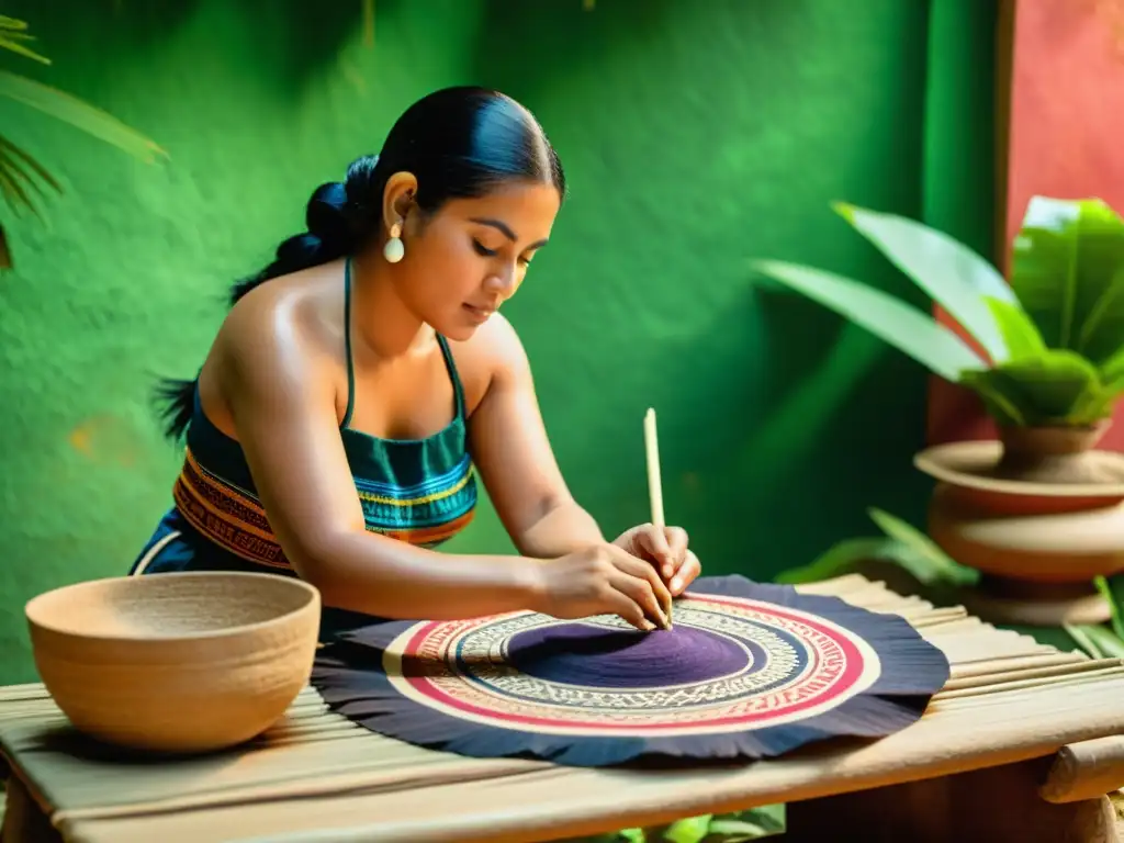 Artesano maya crea papel amate con tintes naturales y patrones intrincados en entorno natural, reflejando la riqueza cultural de las culturas precolombinas