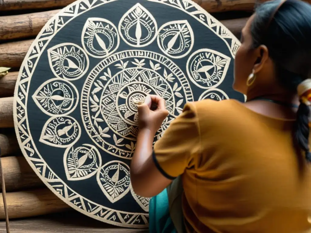 Artesano maya pintando papel amate con tintes naturales en su taller, evocando la artesanía ancestral de la fabricación papel amate tecnología digital