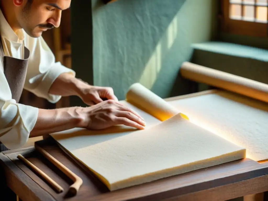 Un artesano medieval moldea papel húmedo en su taller