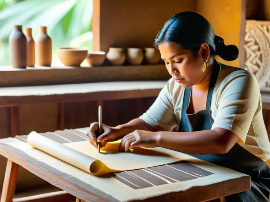 Un artesano mesoamericano crea papel amate en un ambiente cálido y auténtico