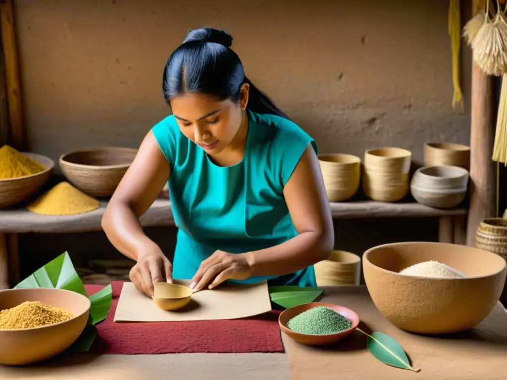 Un artesano mesoamericano elaborando papel precolombino con técnicas tradicionales, rodeado de materiales naturales y colores vibrantes