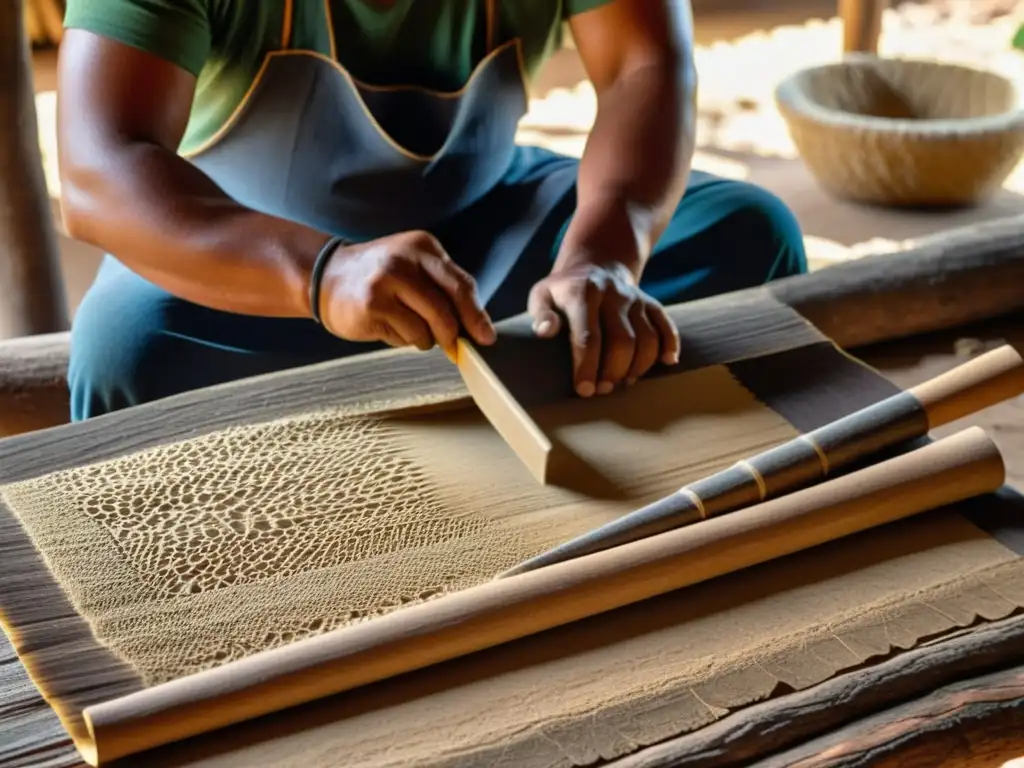 Un artesano mesoamericano elabora papel amate en un taller tradicional, destacando los roles rituales y la comunicación cultural