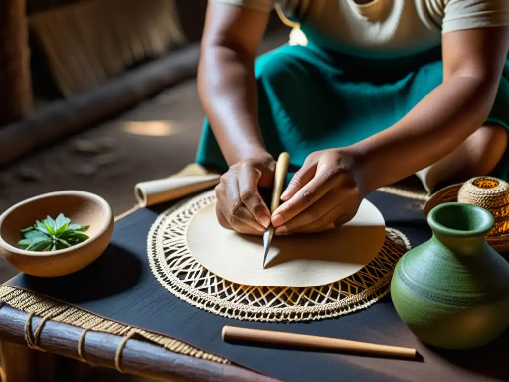 Un artesano mesoamericano fabrica papel amate con técnicas tradicionales en un taller iluminado tenue