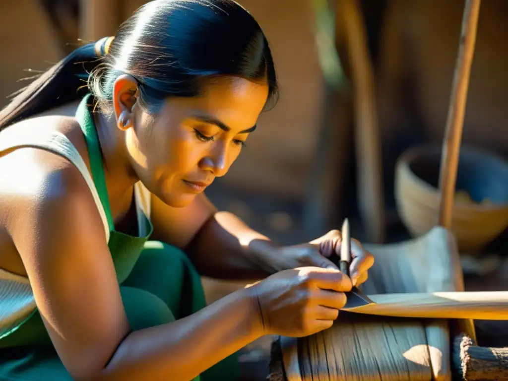 Artesano mexicano elaborando papel amate con determinación y tradición cultural en alta resolución