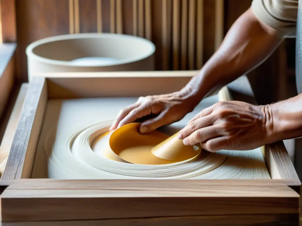 Un artesano sumerge un molde y cuna de madera en una mezcla de pulpa de papel, con luz natural que realza la belleza del proceso artesanal