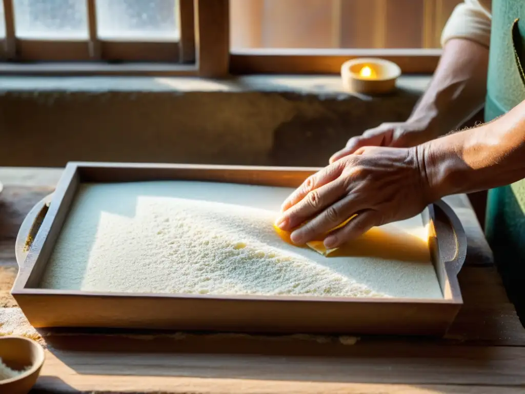 Artesano sumerge molde y cuna en pasta para hacer papel hecho a mano tradicionalmente, destacando la artesanía y las texturas naturales