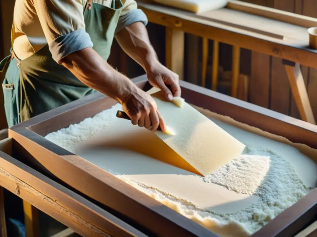 Un artesano sumerge delicadamente un molde y marco en una cubeta de pulpa, creando papel a mano