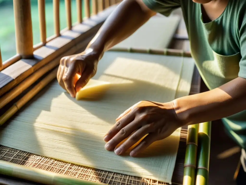 Artesano oriental fabricando papel de arroz, transmitiendo meticulosidad y tradición