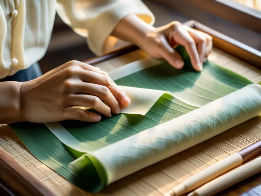 Un artesano oriental crea papel de arroz con destreza, envuelto en luz cálida y herramientas tradicionales