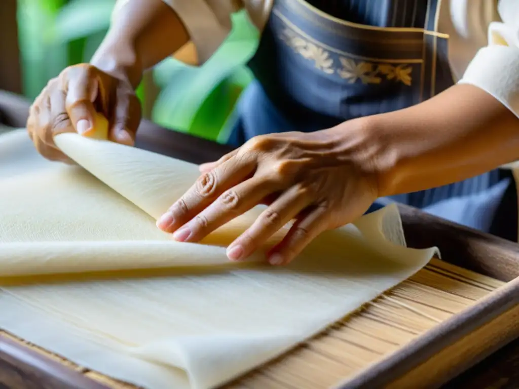 Artesano oriental fabricando papel de arroz con meticulosidad y destreza, evocando la artesanía y la herencia cultural