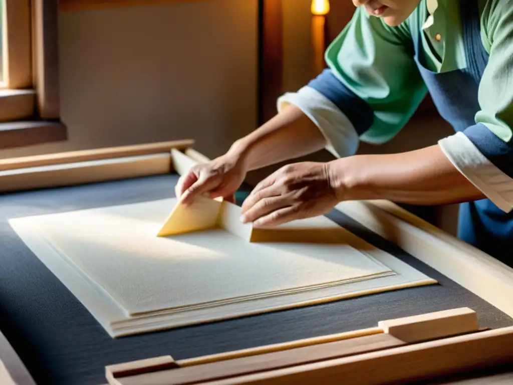 Artesano del papel creando a mano Artesano creando papel artesanal con impacto del papel impreso en un taller tradicional con luz natural filtrándose por la ventana