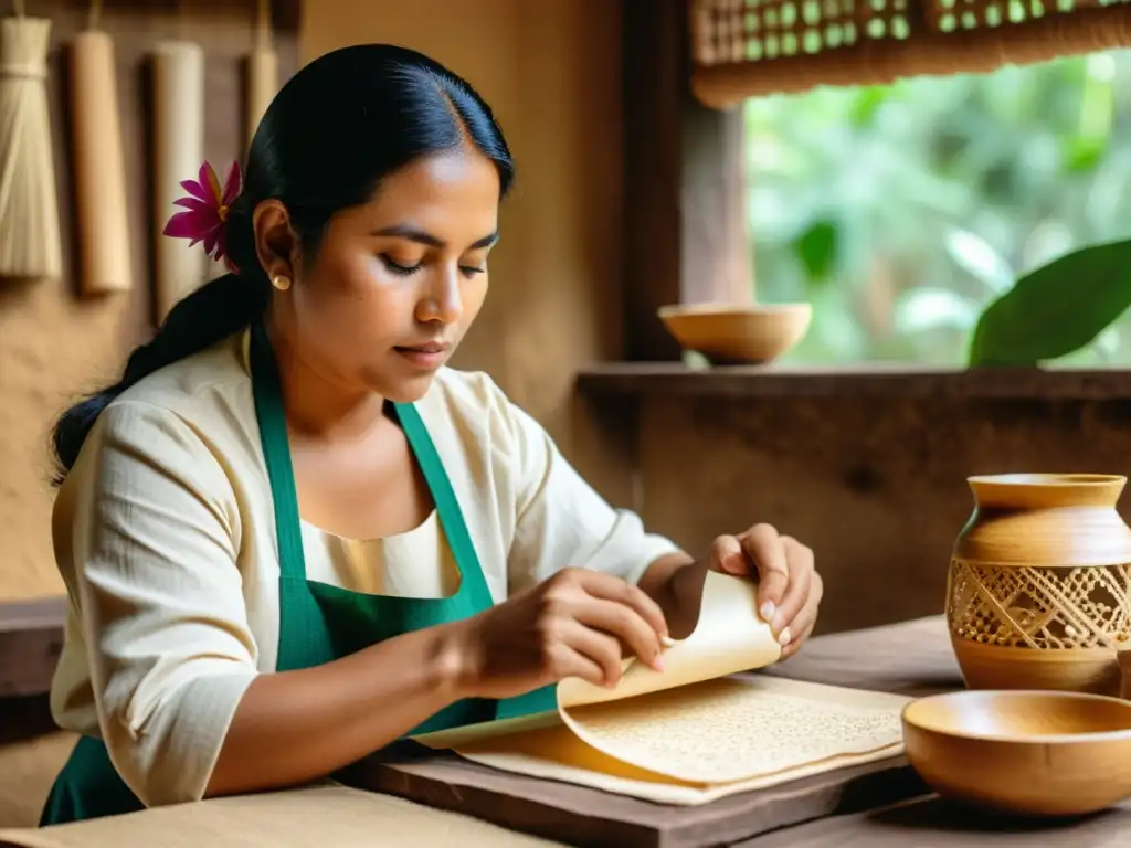 Artesano creando papel amate en la cultura, rodeado de materiales naturales en un ambiente cálido y nostálgico