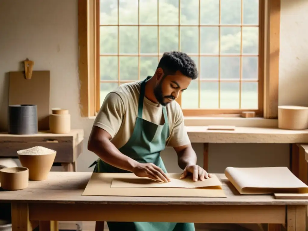 Artesano creando papel ecológico con diseño sostenible, rodeado de luz natural y un ambiente cálido y nostálgico