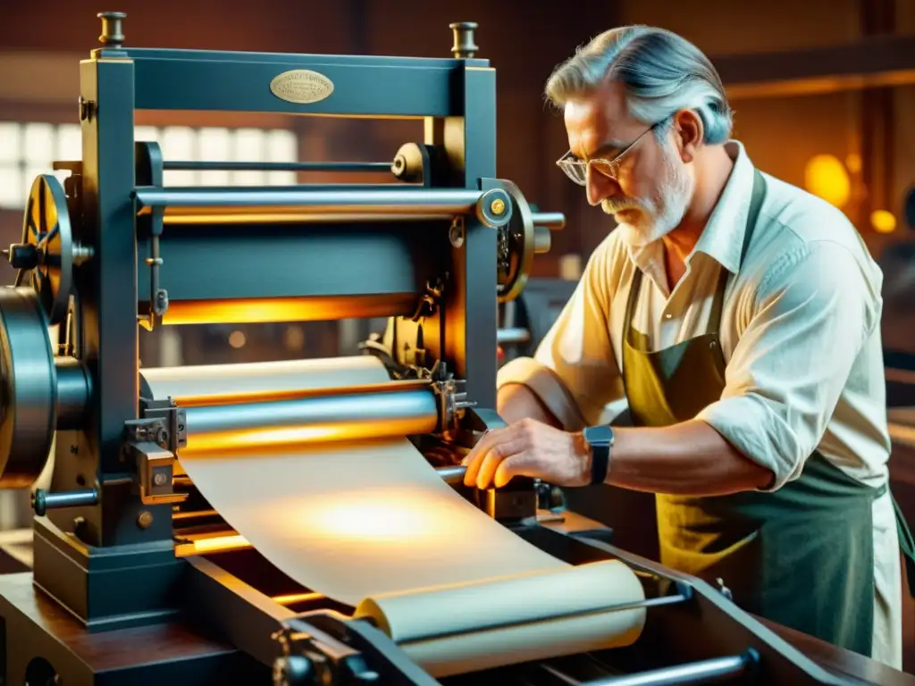 Artesano inspecciona papel impreso en antigua imprenta, destacando el origen papel evolución impacto tecnológico