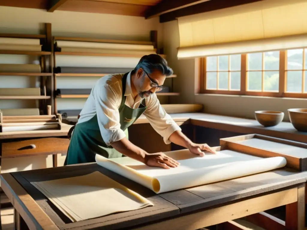 Un artesano moldea papel a mano en un taller vintage, evocando historia y artesanía en la evolución tecnológica del papel