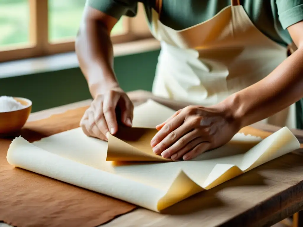 Artesano creando papel a mano con técnicas de fabricación papel artesanal, rodeado de materiales naturales en un ambiente cálido y nostálgico