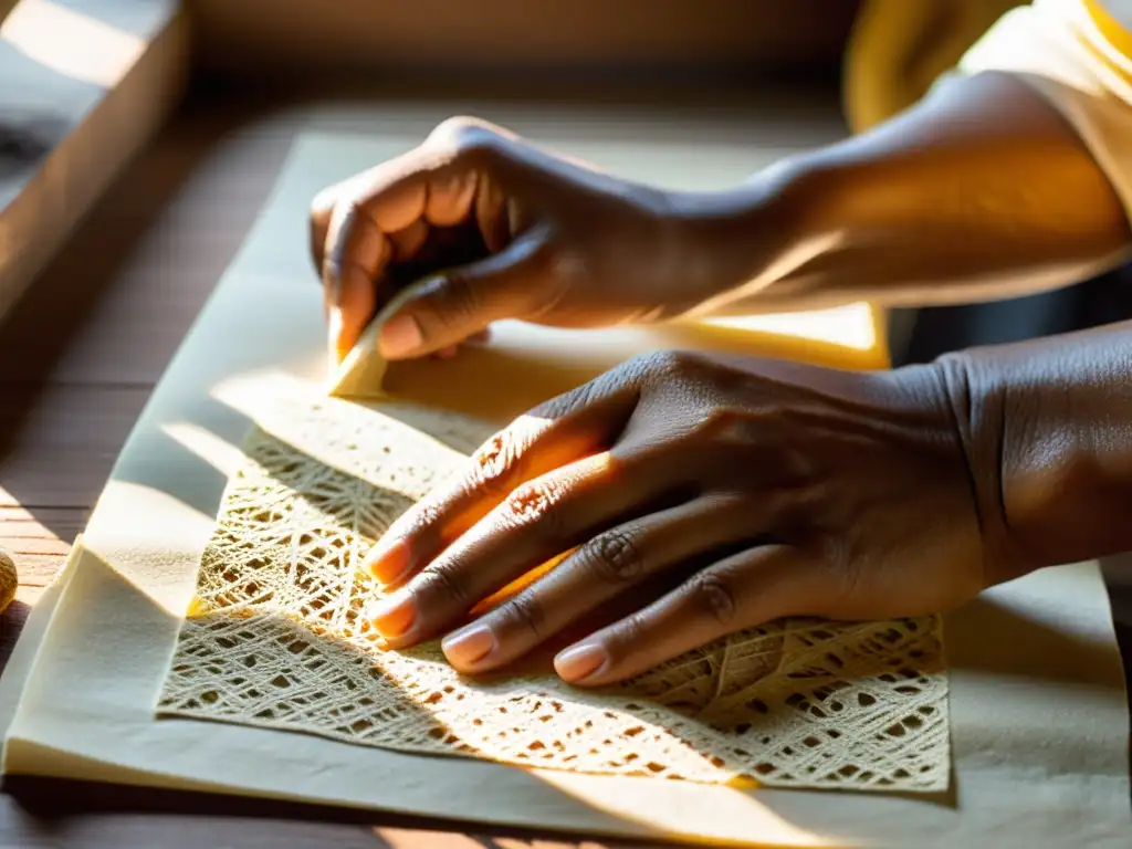 Artesano elaborando papel precolombino con técnicas tradicionales, resaltando texturas en cálida luz solar