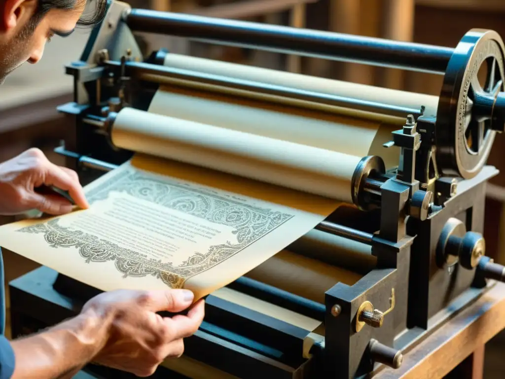 Un artesano inspecciona detenidamente papel producido en una antigua imprenta, evocando tradición y calidad artesanal