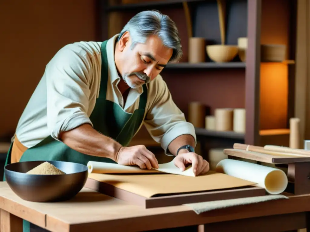 Un artesano crea papel reciclado premium con herramientas rústicas, materiales naturales y fibras, evocando una industria creativa sostenible