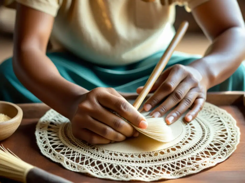 Un artesano trabajando cuidadosamente el papel amate, mostrando la tradición con tecnología para el futuro