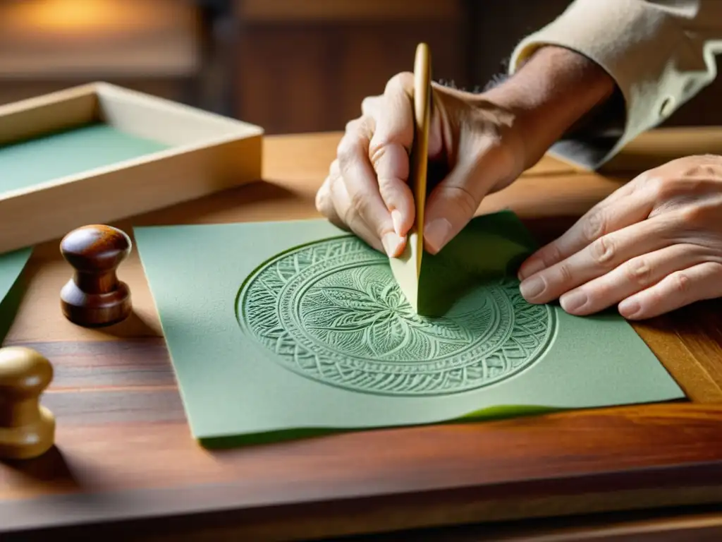 Un artesano embosando papel con textura técnica artística, mostrando precisión y cuidado en su labor artesanal