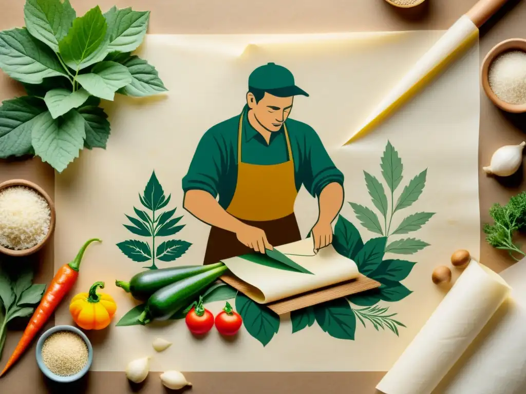 Artesano crea papel vegetal con técnicas tradicionales, rodeado de elementos naturales y toques nostálgicos