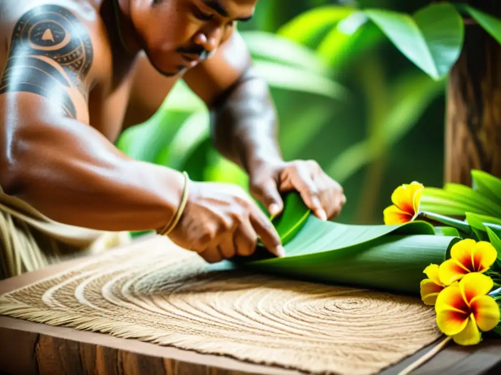 Un artesano polinesio confecciona papel barkcloth tradicional entre exuberante vegetación y flores vibrantes