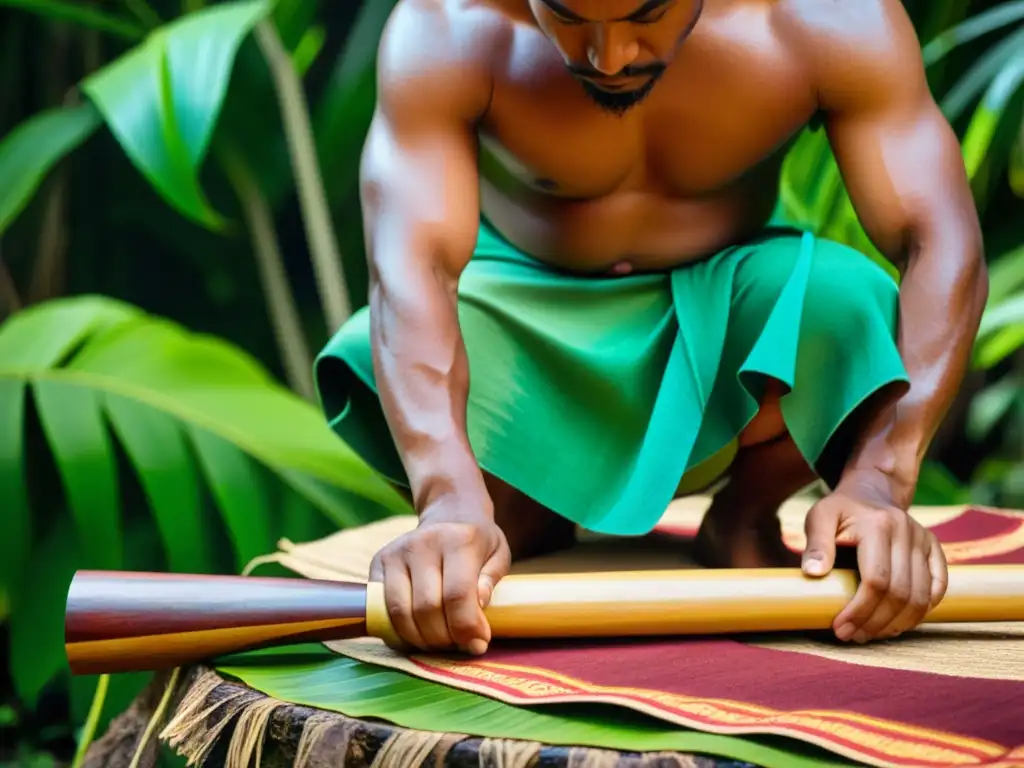 Artesano polinesio fabricando papel barkcloth tradicional entre exuberante vegetación, con tintes naturales vibrantes y ambiente cálido