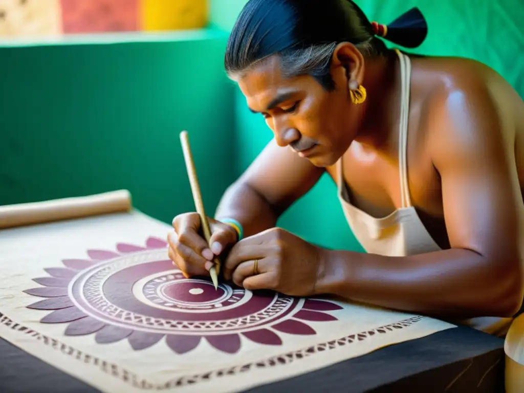 Artesano precolombino creando papel artesanal con tintes naturales Artesano precolombino creando diseños con tintes naturales en papel hecho a mano
