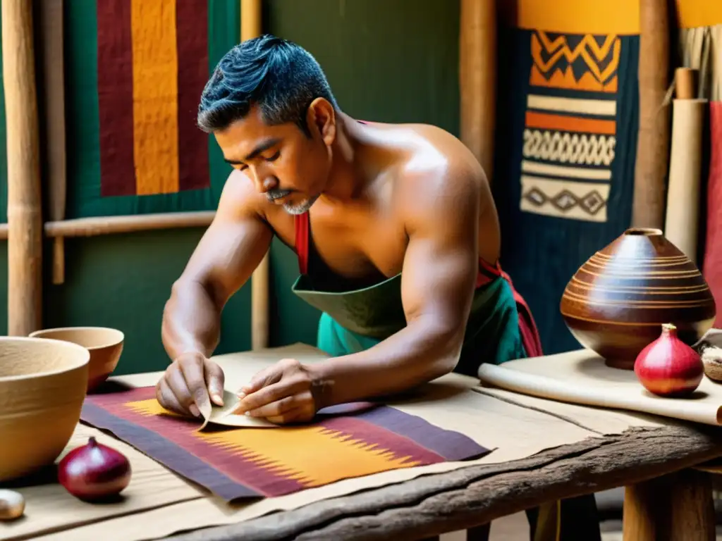 Un artesano precolombino elaborando papel de higuera con técnicas tradicionales y rodeado de tintes naturales y patrones intrincados