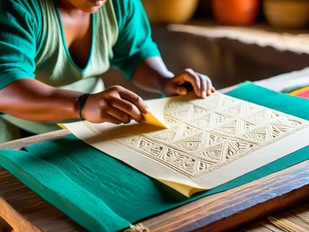 Un artesano precolombino elabora papel amate con materiales naturales, en un proceso detallado y lleno de colores y patrones