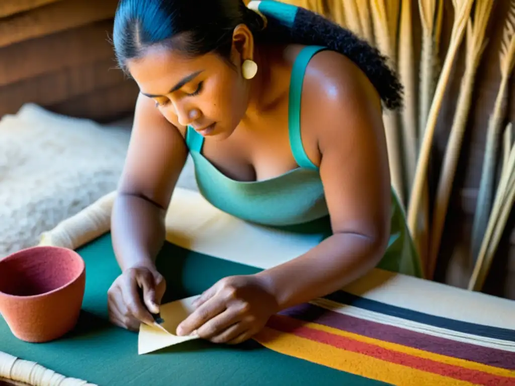 Artesano precolombino elaborando papel a mano con técnicas tradicionales Un artesano precolombino elabora papel con técnicas tradicionales, rodeado de tintes naturales y patrones intrincados