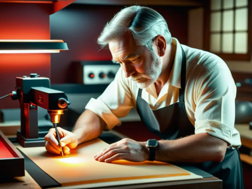 Un artesano aplica químicos a papel fotográfico en un oscuro cuarto rojo, reflejando la evolución de las técnicas de fabricación