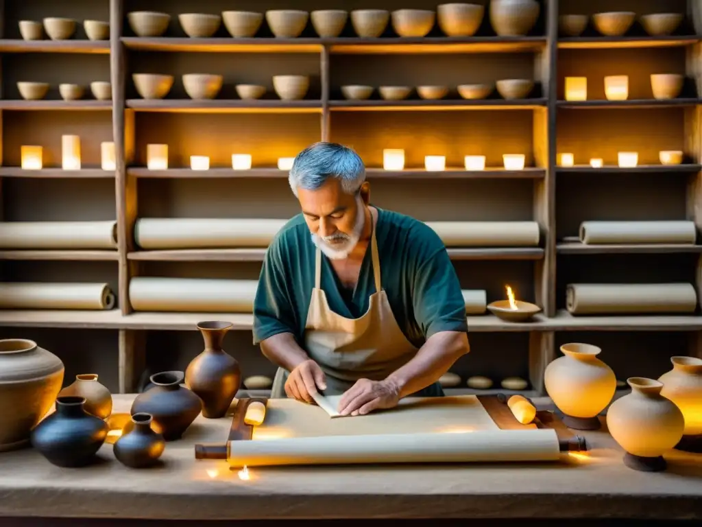 Un artesano romano fabrica papel papiro en una habitación iluminada por lámparas de aceite, rodeado de rollos de papel y jarrones de tinta