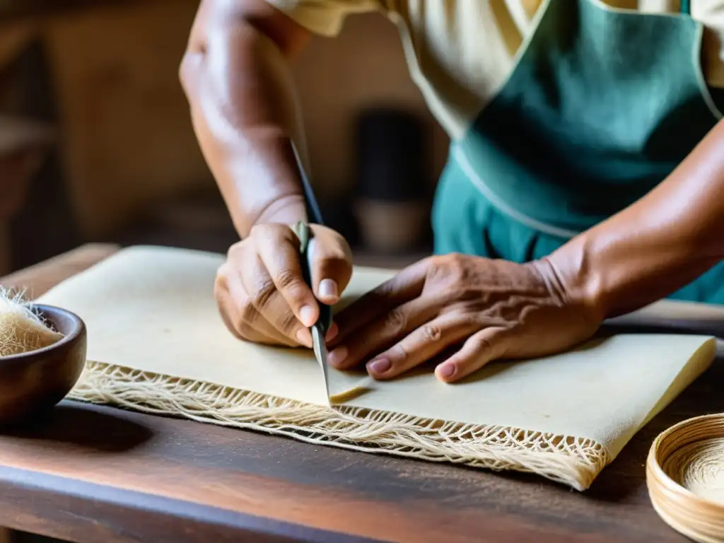 Un artesano hábil fabrica papel amate con técnicas tradicionales en un entorno rústico y natural