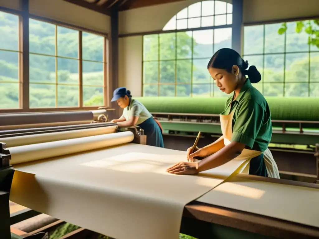 Artesanos en una antigua fábrica de papel, con métodos tradicionales y rodeados de naturaleza, reflejando la reutilización del papel en sostenibilidad