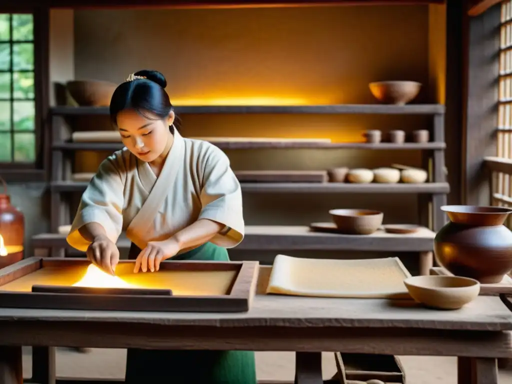 Artesanos en una antigua fábrica de papel en China, creando papel de corteza de morera con técnicas tradicionales