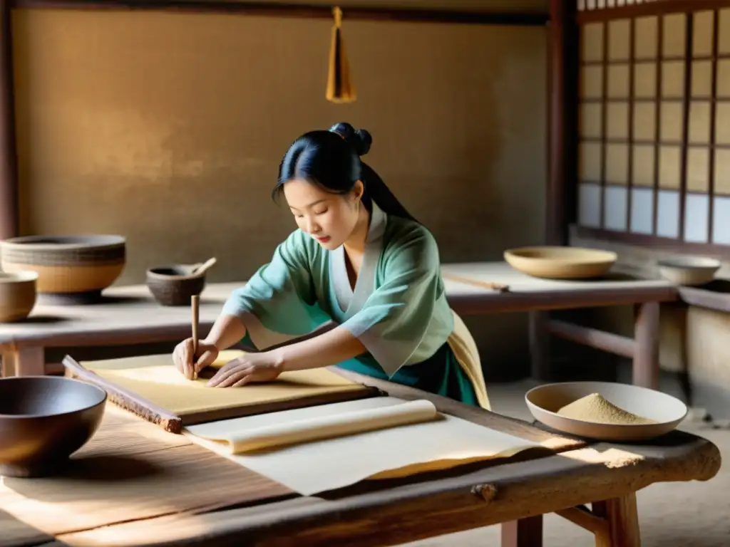 Artesanos en una antigua fábrica de papel en China, creando papel a partir de la corteza de morera y secándolo al sol