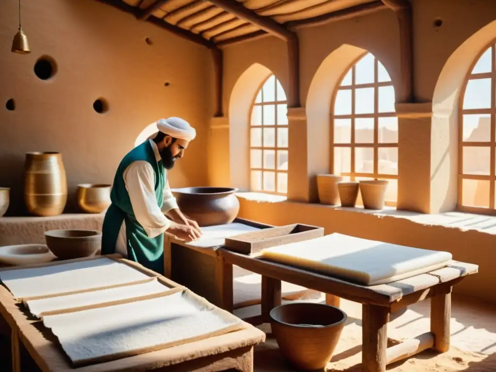 Artesanos árabes elaborando papel en taller tradicional, influencia árabe en fabricación papel europeo